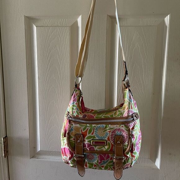 Lily Bloom multi color pastel fabric crossbody bag with tan faux leather trims - Picture 1 of 15